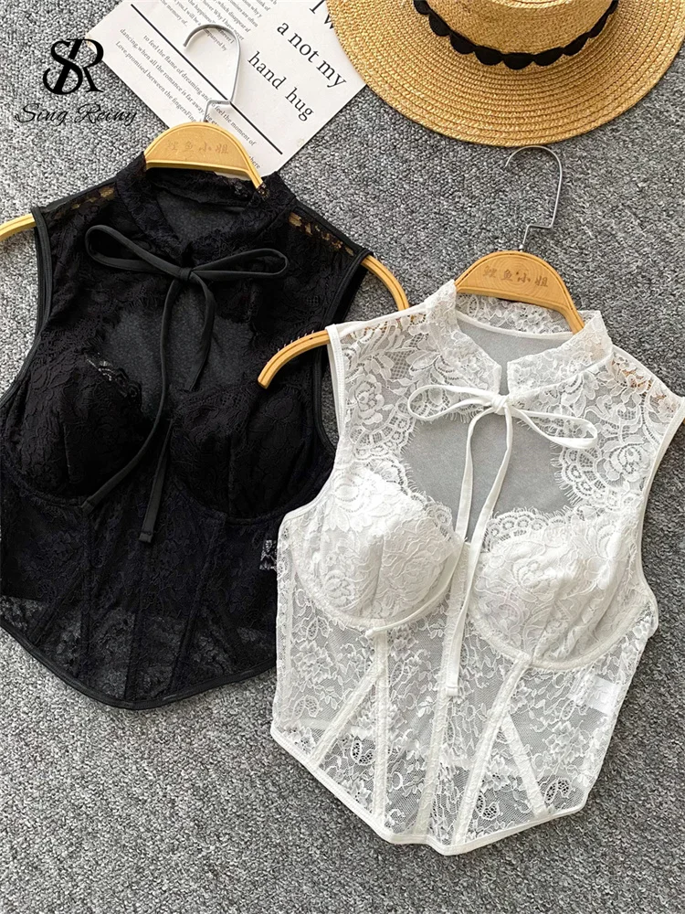 SINGREINY France Retro Lace Corset Slim Hollow Out Bow Mini Tops Women Solid Sexy Sheer Fashion Summer Clubwear Sleeveless Camis 1