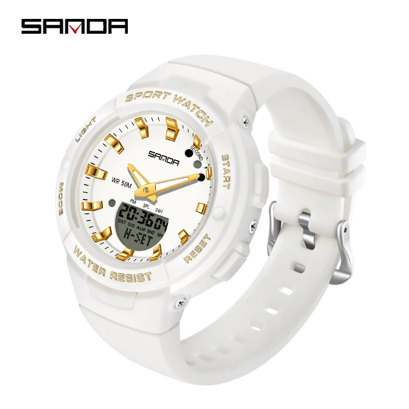 

SANDA New Luxury White Fashion Sport Women's Watch Military Waterproof Multifunctional LED Digital Quartz Relogio Feminino 6005