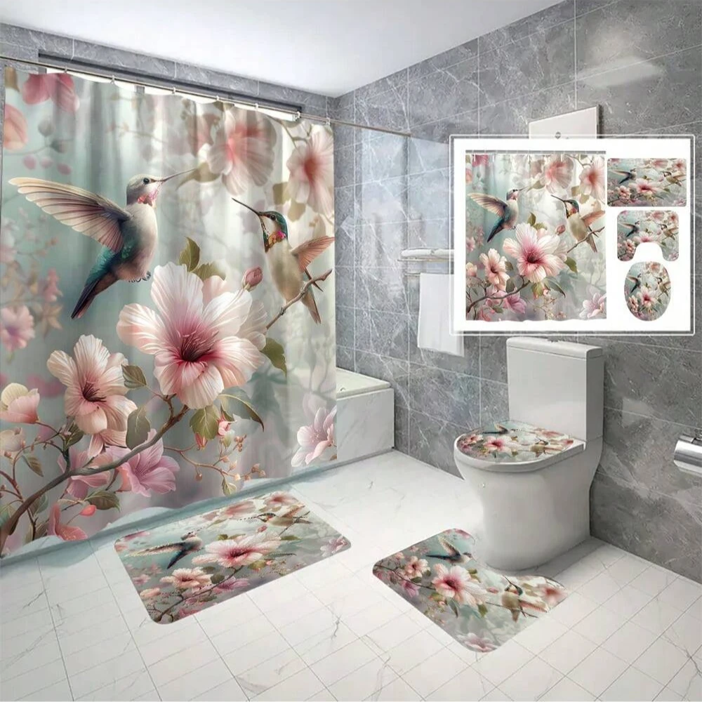 Multi-Style Floral Print Bathroom Set Shower Curtain Toilet Seat Cover Bathroom Accessories With Hooks 4pcs/set