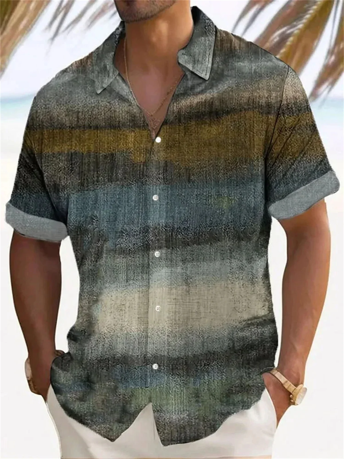 Summer New Men's Shirt Retro Gradient Texture 3D Print Short sleeved Single breasted Shirt Hawaiian XS-5XL