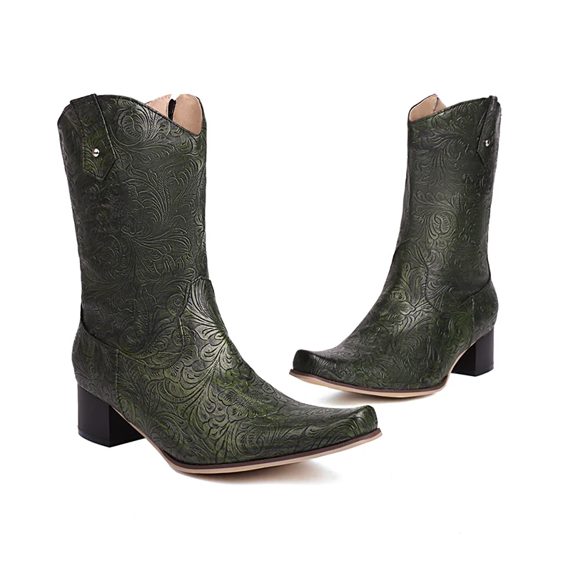 Plus Size Fretwork Flower Vintage Chelsea Boots Thick Heel Side Zipper Embroidered Rivet Women's Knight Boots