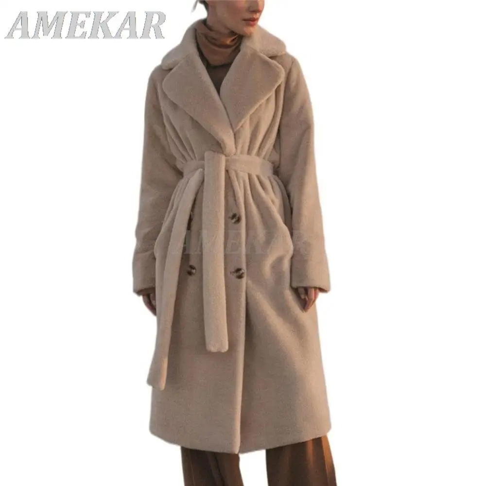 

Winter Women High Quality Faux Rabbit Fur Coat Luxury Long Coat Loose Lapel OverCoat Thick Warm Female Plush Coats