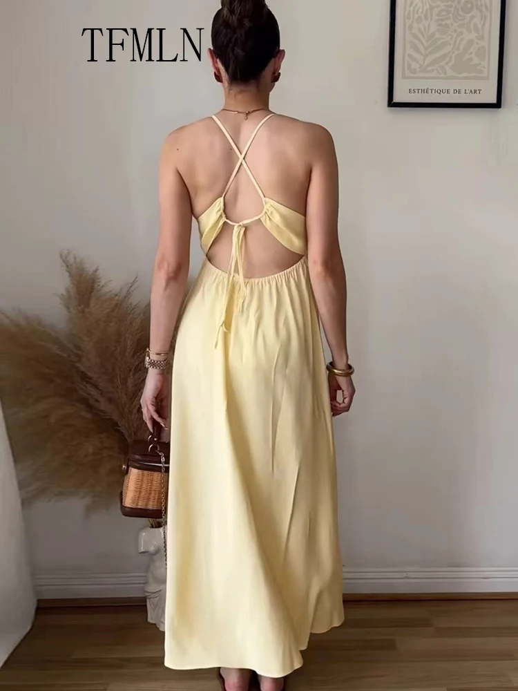 TFMLN Sexy Female Midi Backless Sling Dresses Solid Sleeveless V Neck Party Beach Holiday Hollow Dress Women Summer Elegant
