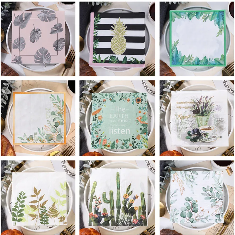 20pcs/pack 33x33cm Plant Leaves Printed Disposable Napkins Square Dinner Paper Tissue Home Wedding Party Decoration