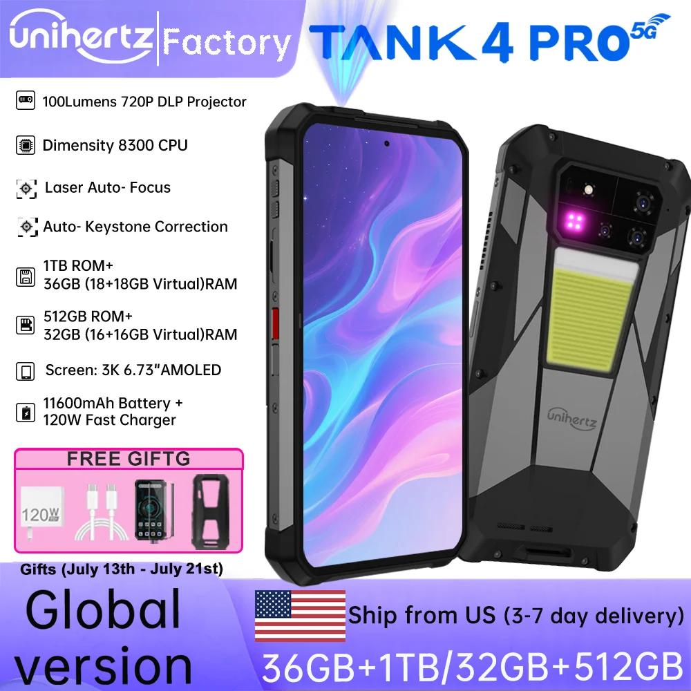 【Ship from US EU】Unihertz 8849 Tank 4 Smartphone Android 14 with 720P Projector 24GB+256 Dimensity 7300 5G 11600mAh AMOLED