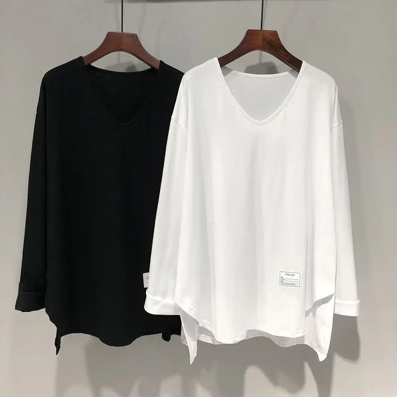 

Spring New Thin Split Hem Plus Size T Shirt Tops Long Sleeve V Neck Letter Printing Loose Pullovers Casual Fashion Women Clothes