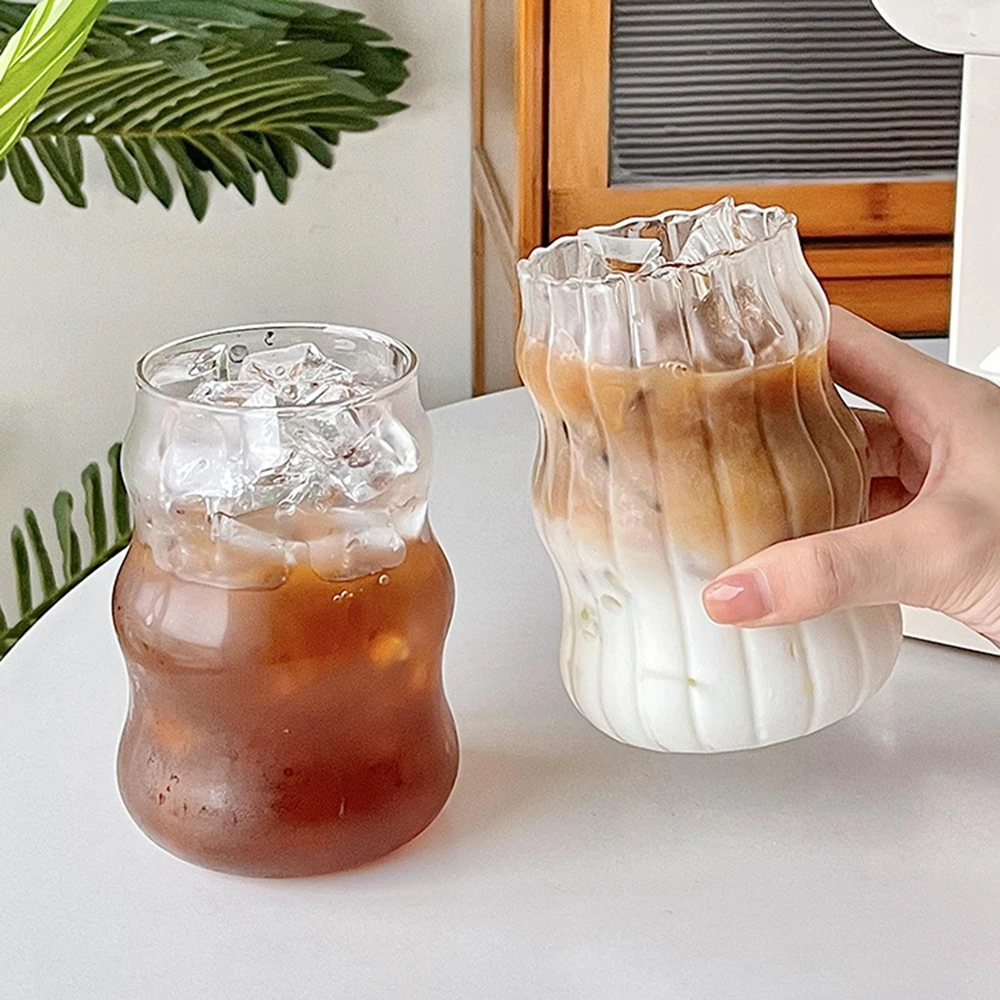 Ribbed Glassware Glass Iced Coffee Cups With Lids And Straws Food Grade  Glass Coffee Bar Accessories 375ml Portable Glasses For - AliExpress