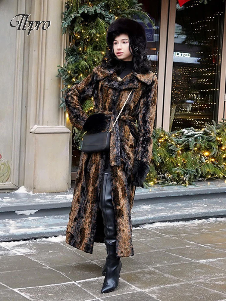 

Fashion Fluffy Faux Fur Long Coat For Women Lapel Belted Fake Plush Jacket Vintage Winter Causal Loose Female Street Outerwear