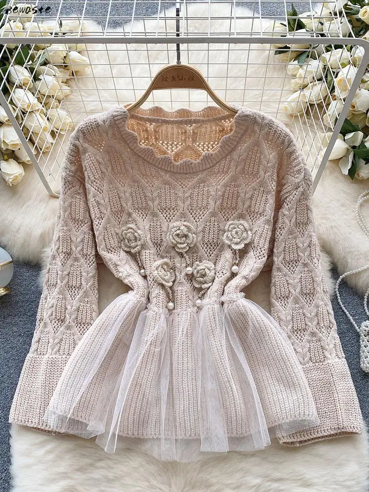 

Women Pullovers Korean Version Leisure Time Gentle Design Feel Mesh Ruffle Flap Versatile Knitwear Long Sleeve Top D5075