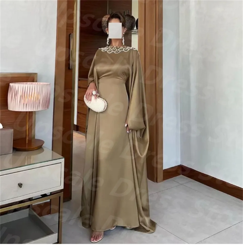 

Beaded Crew Neck Evening Dresses Long Sleeves Open Back Formal Prom Gown A Line Cape Style Saudi Womens Vestidos De Festa