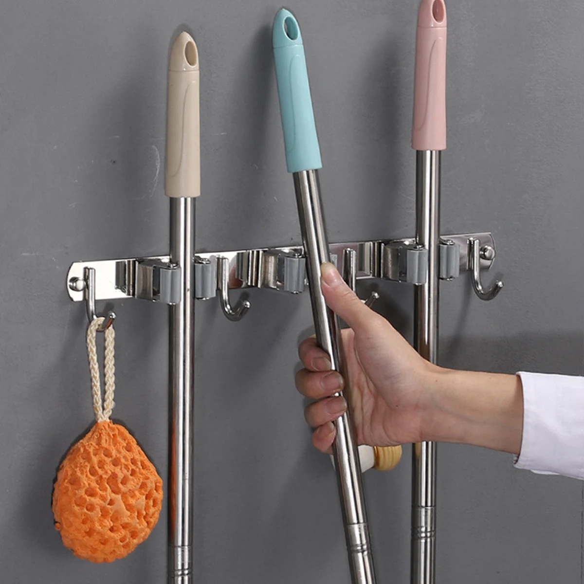 Mop Holder Stainless Steel Wall-mount Non-slip Broom Organizer Rack for Garage Bathroom Storage Hook Organization Accessories