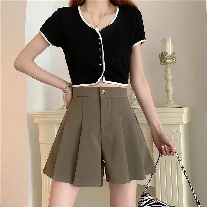 ladies clothes 2022 Women's Summer Fashion High Waist Pleated Shorts Female Casual Loose Wide-leg Shorts Ladies Solid Color Suit Shorts S37 plus size womens clothing