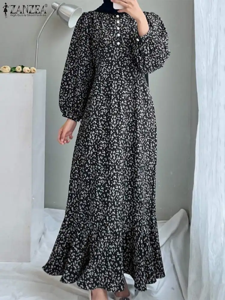 

Muslim Floral Long Dress Eid Mubarek Abaya Dubai Robe ZANZEA Women Autumn Long Sleeve Maxi Dresses Turkey Kaftan IsIam Vestidos