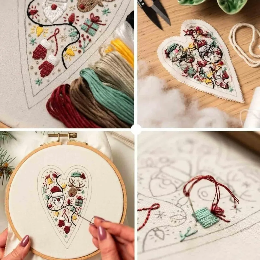 Embroidery Kit Christmas DIY Heart Shaped Hand Embroidered Ornament Xmas Tree Hanging Gift cross stitch kit punch needle embroidery kit