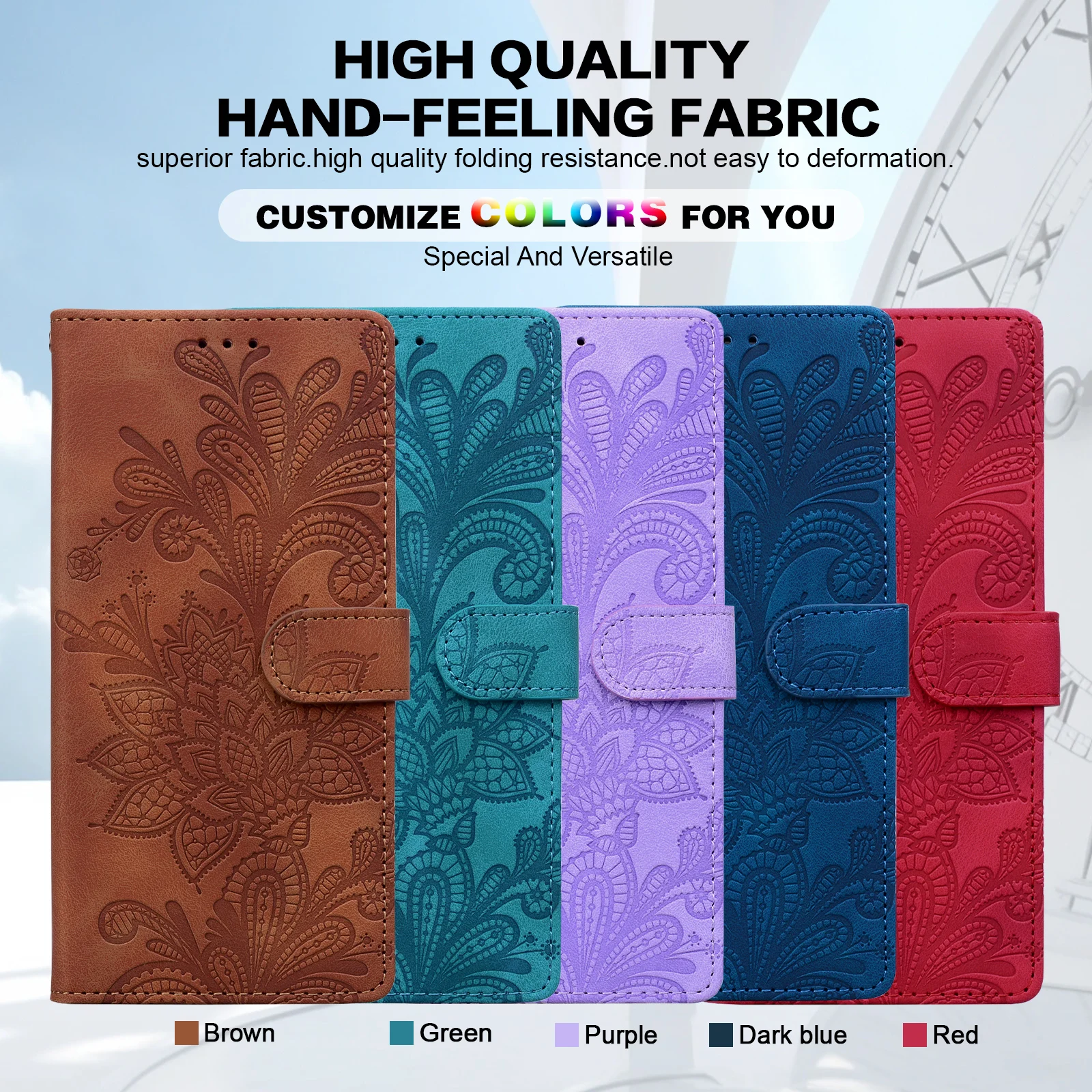 Embossed Solid Color Magnetic Flap Leather Wallet Case