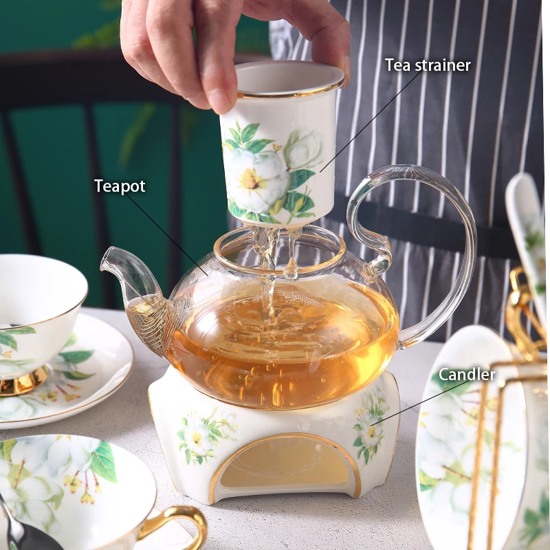 Camellia Bone China Tea Set British Ceramic Tea Cup Pot with Candler Strainer Floral Glass Teapot Set Ceremony Teaware Teacup