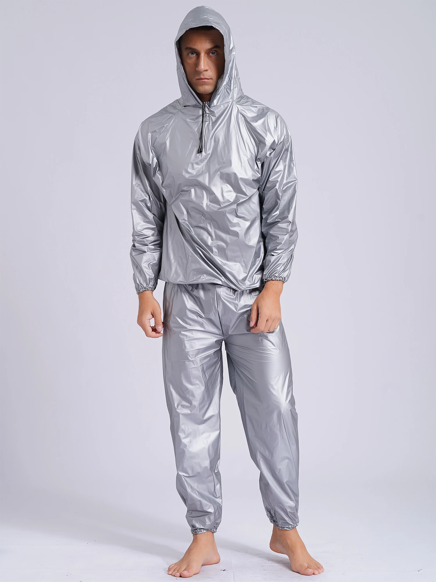 Mens Pullover Style PVC Sweating Suit Boxing Gym Workout Fitness Sauna Sweat Outfit Hooded Jacket Outerwear And Long Pants