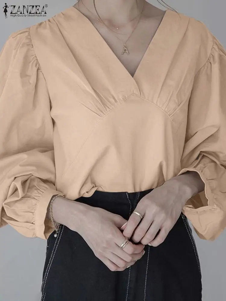 

Женская шикарная плиссированная блузка ZANZEA, Элегантная блузка с рукавами-фонариками и V-образным вырезом, модель 3/4 года, Весенняя модная блузка из искусственной кожи, повседневная свободная туника