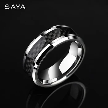 Tungsten Rings for Men and Women Jewelry High Polished Black Carbon Fiber Personalized Comfort Fit, Custom Nam