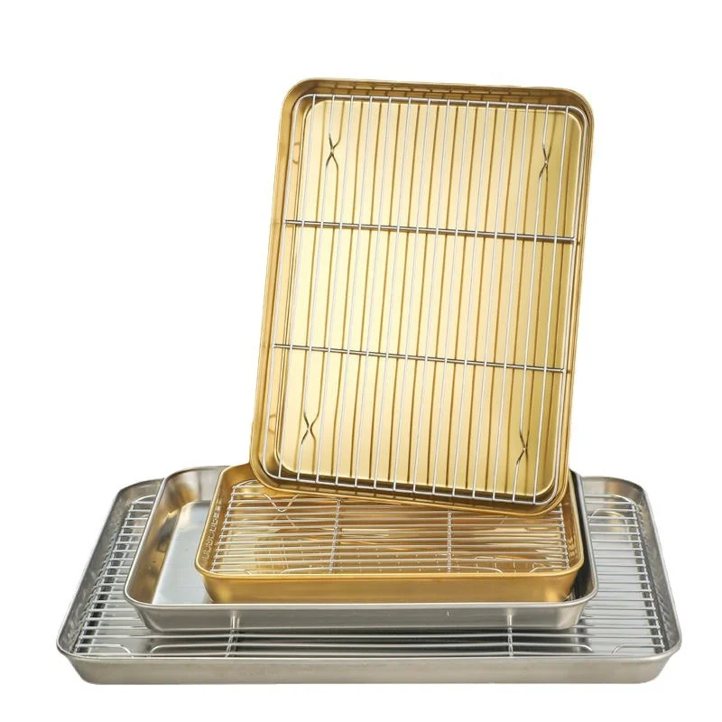 Stainless Steel Barbecue Tray with Cooling Rack Silver Golden Grid Bakeware Kitchen BBQ Baking Pan Fruit Food Plate Organizers 6