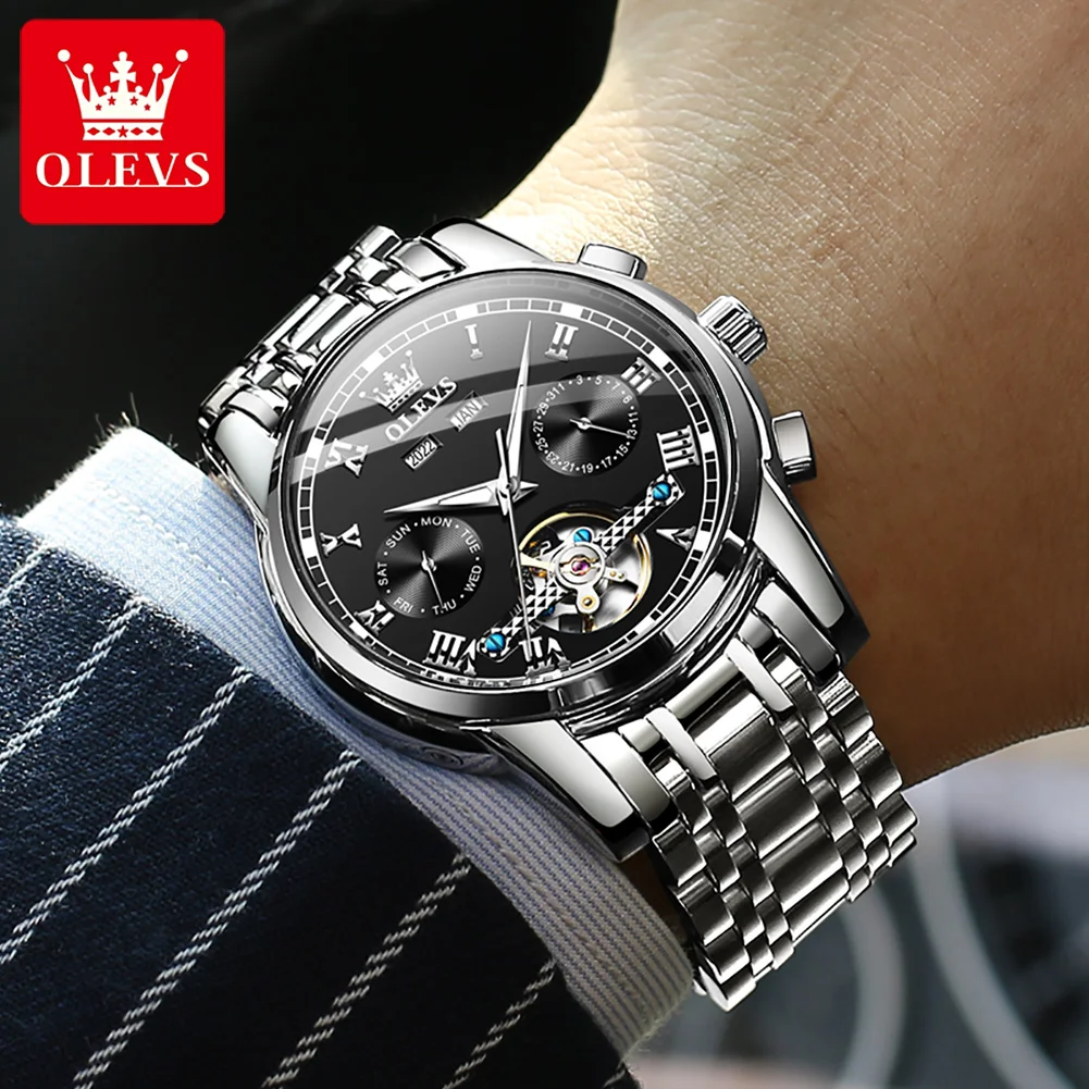 OLEVS 6607 Automatic Mechanical Watch for Men Stainless Steel Strap Waterproof Date Calendar Skeleton Wristwatch Classic