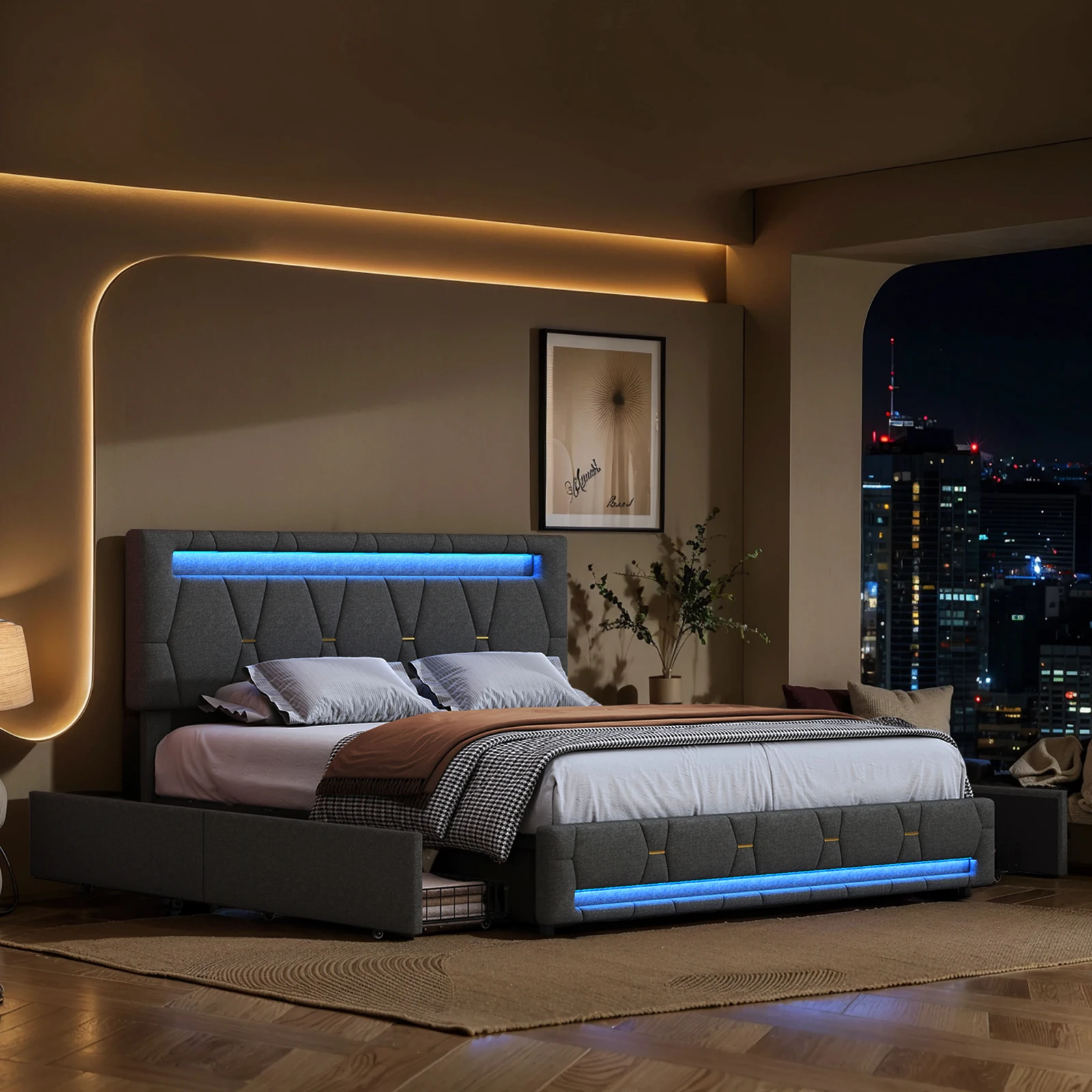 Rosahqnda gepolstertes Doppelbett, 140–160 x 200 cm, Bett mit Stauraum, 4 Schubladen und USB, hydraulisches Funktionsbett, Bettrahmen für Erwachsene, Leinen – Detail 6