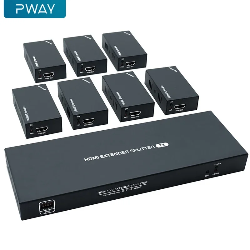 PWAY 50m HDMI Over IP Extender Port 1x7 przez kabel Ethernet Cat5e/Cat6 bez opóźnień i rozdzielczości do 1080P przy 60Hz(1 na 7 wyjść)