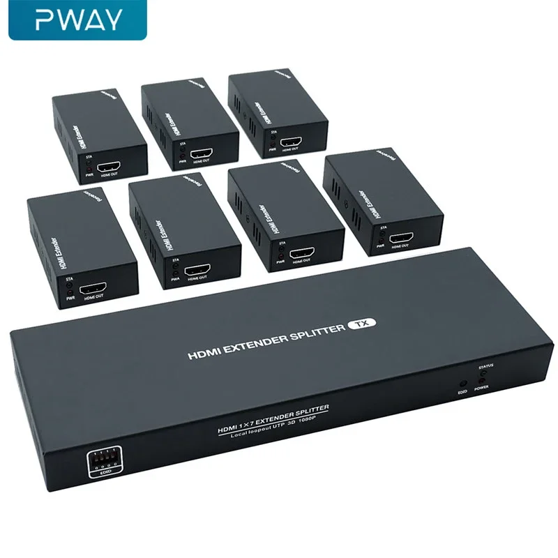 PWAY HDMI Extender 1080p@60Hz, 3D, Over Single Cat5e/Cat6/Cat 7 Cable Full  HD Uncompressed Transmit Up to 164 Ft(50m), EDID and POC Function Supported