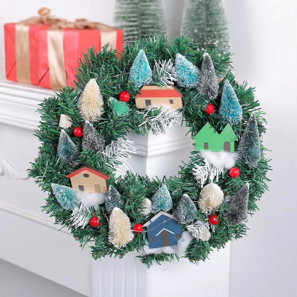

35cm Christmas Wreaths Log Cabin with LED String Xmas Village Wreath Xmas Decor Front Door Ornaments Wall Flower Rattan Wall