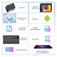 Tablette Android 10,1 pouces avec processeur octa-core, 16 Go (4+12 Go virtuels) de RAM, 64 Go de ROM, écran tactile HD IPS, Wi-Fi 6, BT 5.0, double caméra 6