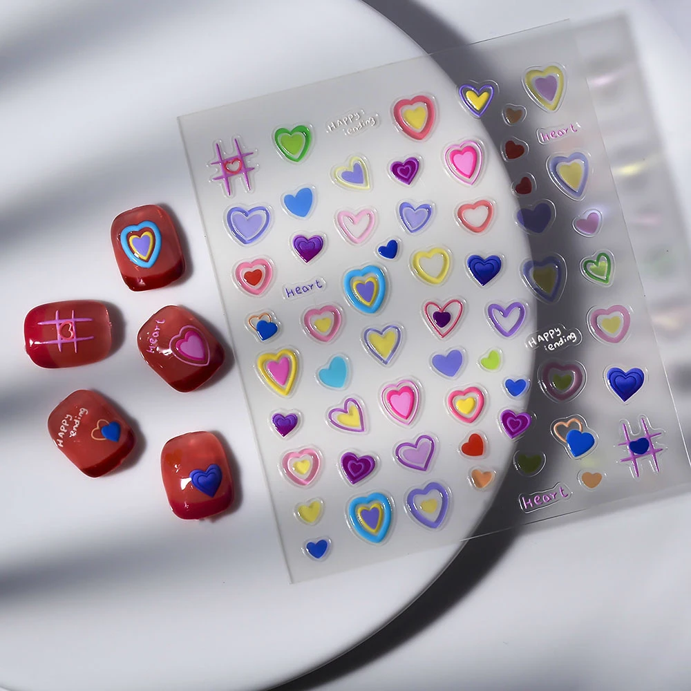 

RIZZNAIL Colorful Love Peach Heart Line Crystal Baby Fashion Soft Embossed Relief Self Adhesive Nail Art Sticker Manicure Decal
