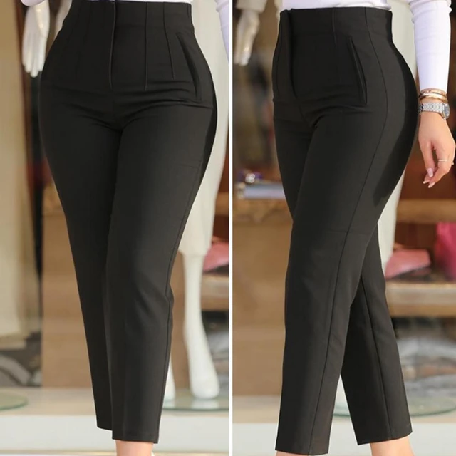 High Waist Pleated Pockets Ninth-Length Women Trousers Solid Color Straight  Leg Suit Pants