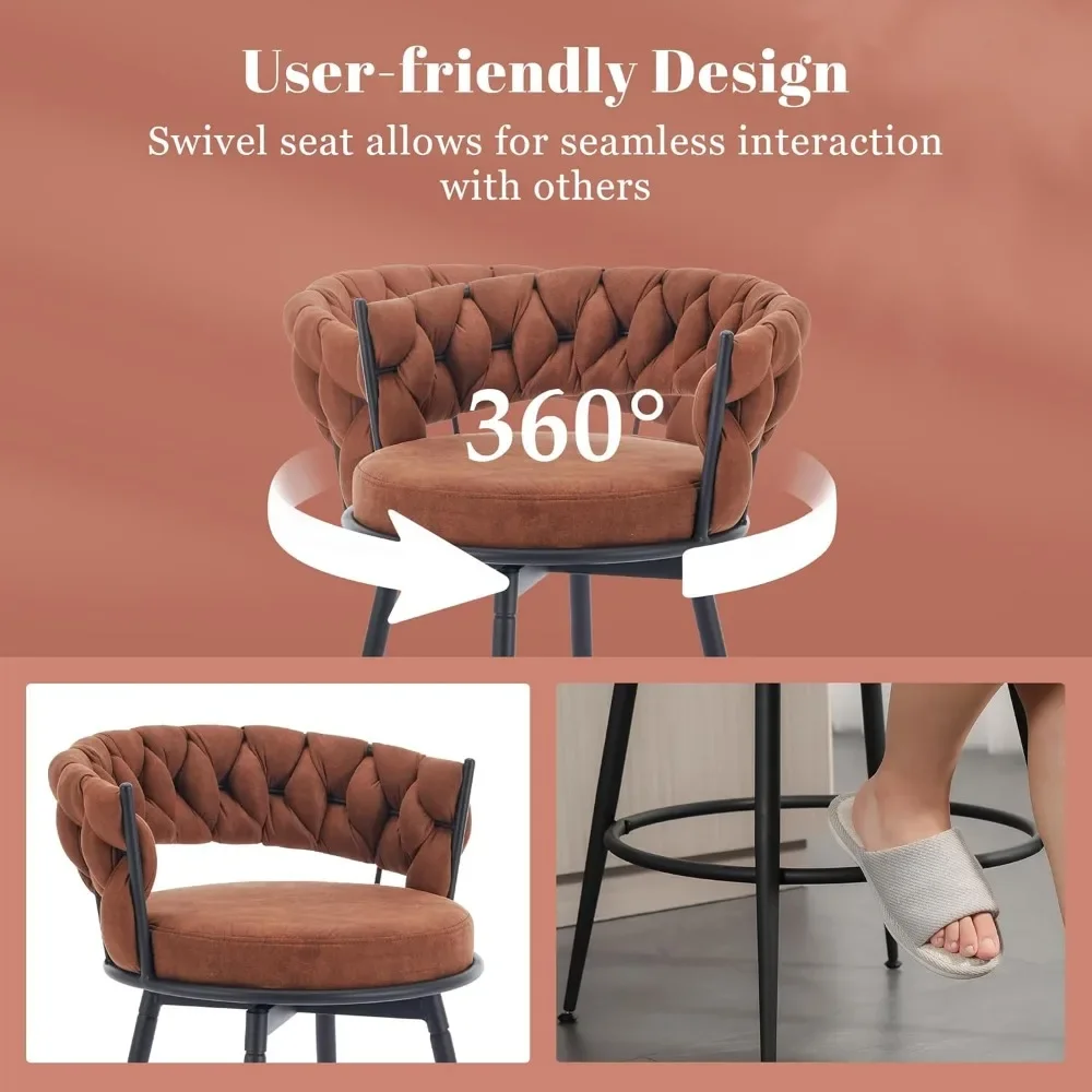 360&deg; Swivel Bar Stools, 28inch Counter Height Bar Stools Modern Barstools with Woven Back and Suede Fabric