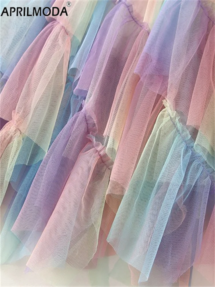 2024 Gradient Mesh Irregular Midi Long Casual Skirt High Elastic Ruffle Patchwork Rainbow Party Summer Holiday Bride Tutu Skirts 2