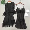 Blanc 5 pièces ensemble de sommeil Pyjamas dame dentelle Satin Pyjamas Kimono robe de bain vêtements de nuit amples maison vêtements col en v vêtements de nuit décontractés