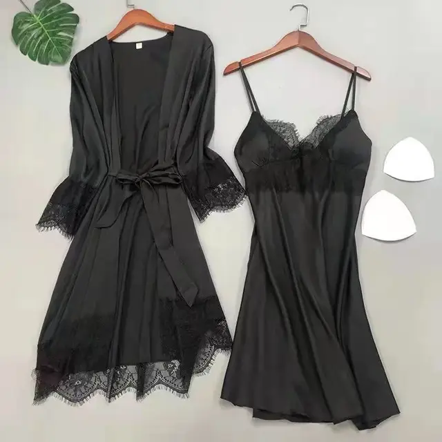 Blanc 5 pièces ensemble de sommeil Pyjamas dame dentelle Satin Pyjamas Kimono robe de bain vêtements de nuit amples maison vêtements col en v vêtements de nuit décontractés