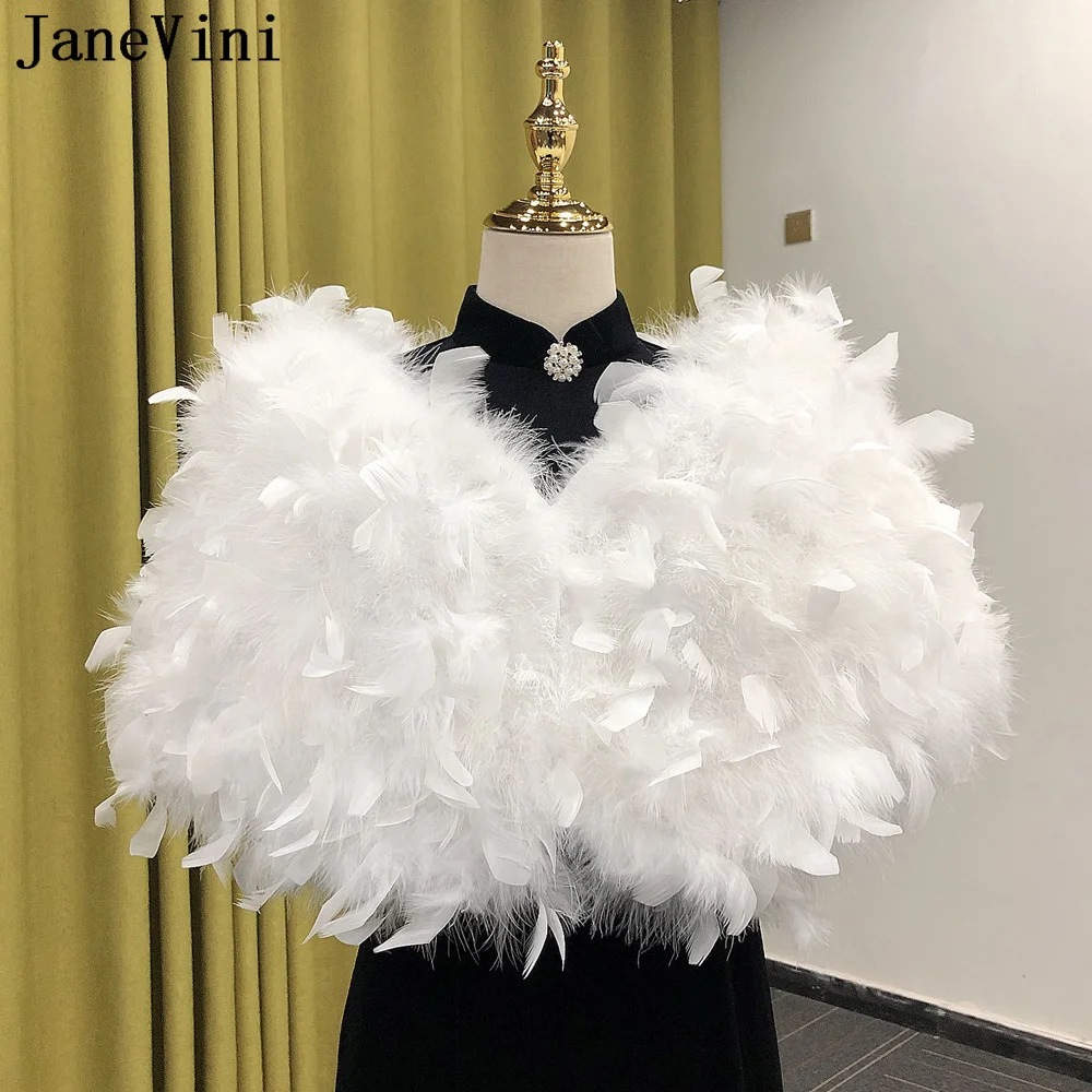 JaneVini White Ostrich Feathers Faux Fur Cape Women Black Fur