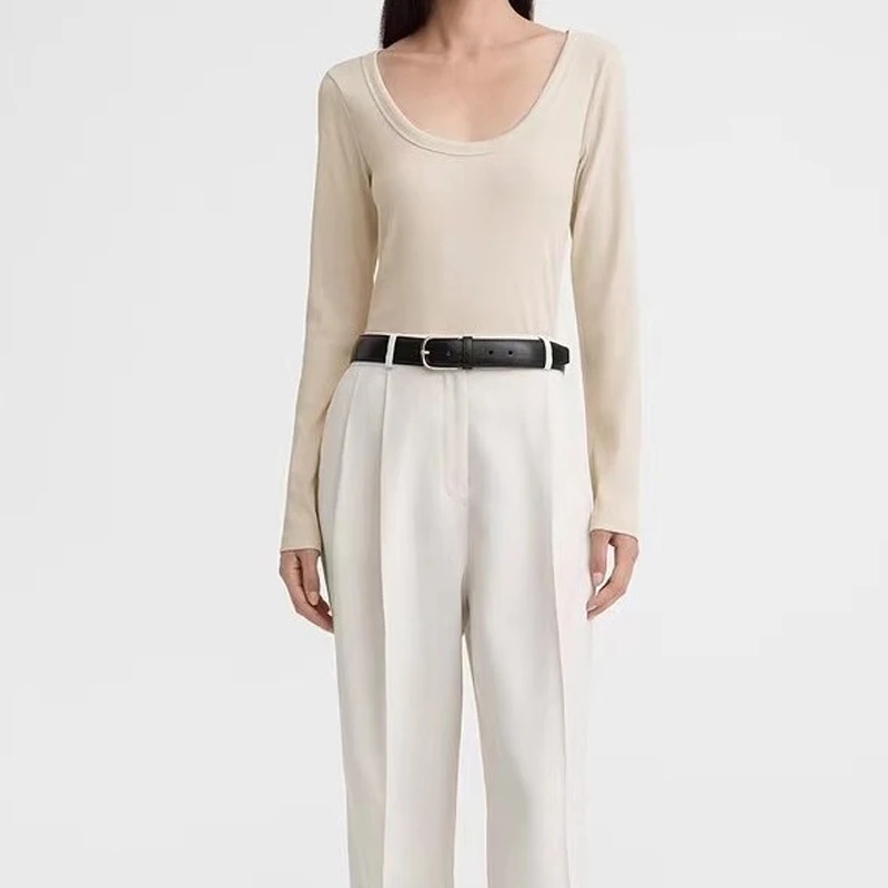 

Long-Sleeved Threaded T-Shirt for Women, Low Round Neck, Skin-Friendly Bottoming T-Shirt, Spring and Summer, New