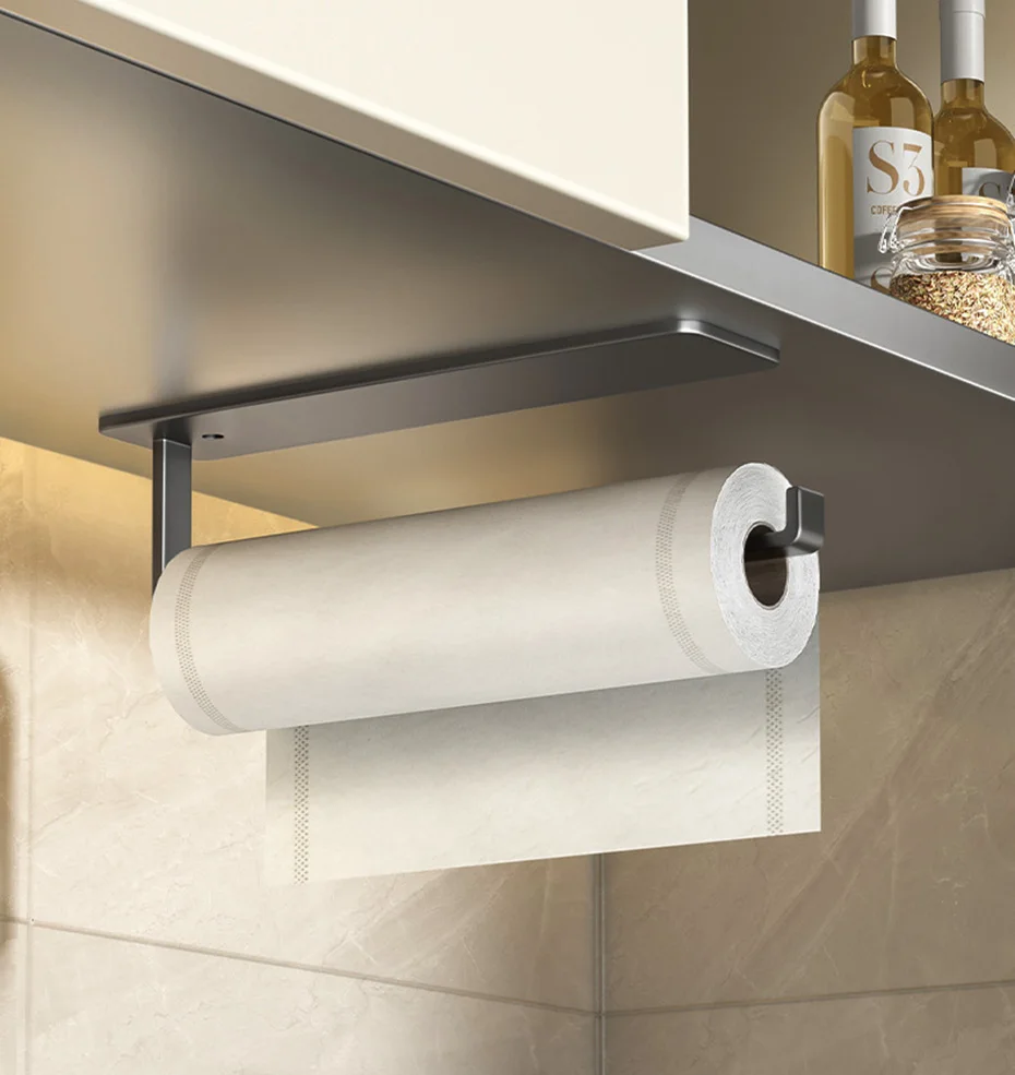 Description Picture 5 of itemPaper Towel Holder Steel Self Adhesive Toilet Roll Paper Holder No Punch Kitchen Bathroom Lengthen Rack Cling Film Tissue Hanger