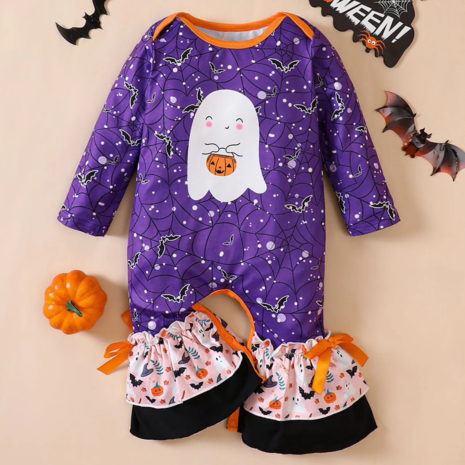 

0-24M Halloween Clothes Baby Girl Flared Pants Cute Ghost Pumpkin Print Romper Long Sleeve Jumpsuit Newborn Halloween Costume