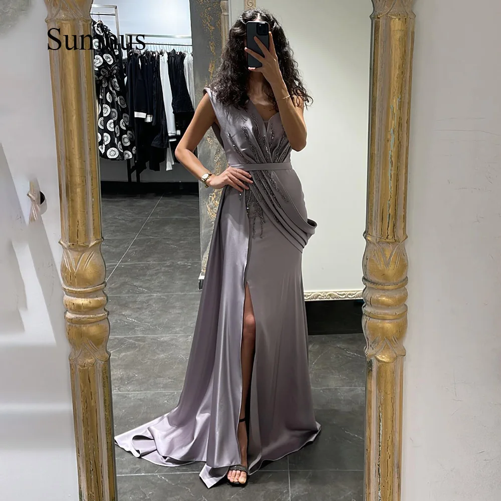 

Sumnus Saudi Arabic One Shoulder Evening Party Gowns Beads Pleats Satin Side Split Mermaid Dubai Prom Party Dress Sweep Train