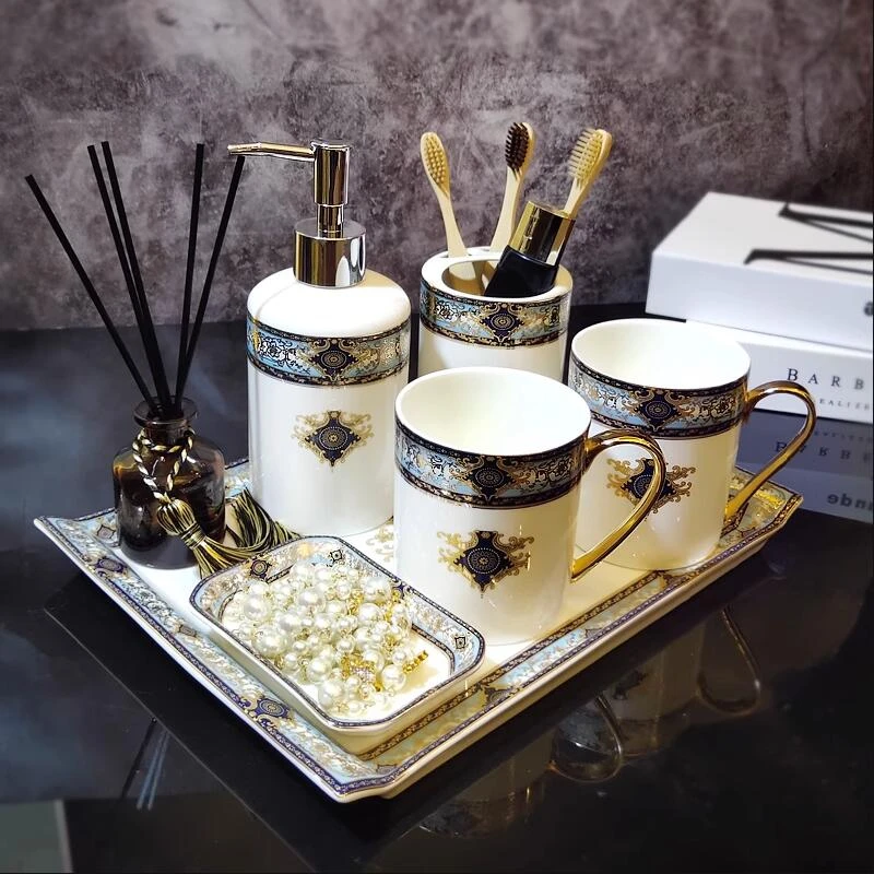 

Luxrious noble courtly style Bone China 5 Pieces Regencycore Bathroom Accessories Set Tooth Mug Soap Dish Dispenser Bathroom Set