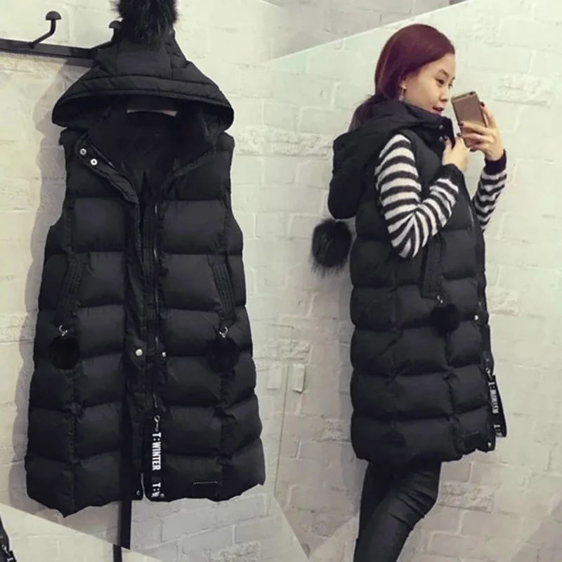 

Autumn Winter Women Long Parkas Vest Warm Black Zipper Hooded Cotton Vest Ladies Sleeveless Waistcoat Jacket