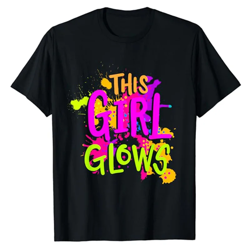 

This Girl Glows Costume 80s Halloween Party Outfit T-Shirt Gifts Women's Fashion Retro Style Graphic Tee Top Short Sleeve Outfit