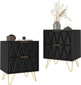 Black Nightstand Set of 2 with 2 Drawers, Gold Legs, Modern Bedroom & Living Room End Tables 1