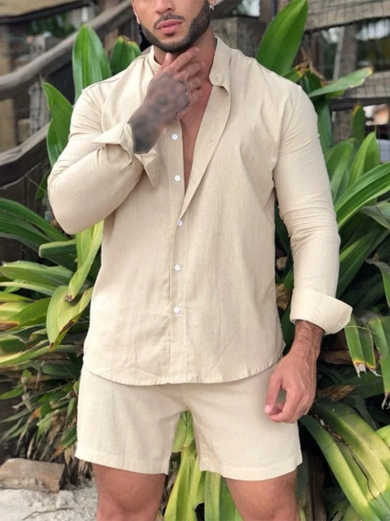 Men Shorts Set 2023 Spring Simple Long Sleeves and Shorts Set Southeast Asia Loose Cotton and Linen Men's Solid Two-piece Set