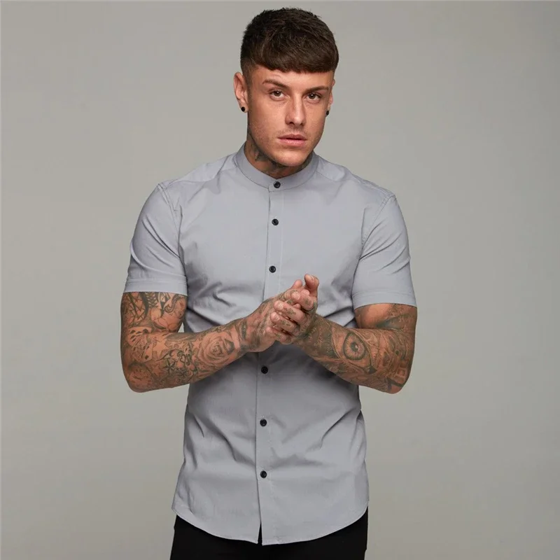 New Arrivals Summer Man Short Sleeve Shirt Solid Fitness Mens Stand Collar Super Slim Fit Business Dress Shirt Button Gym Tops 6