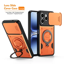 Shockproof Magnetic Metal Stand Case with Rotating Slide Camera Lens Cover for Tecno Spark Go 2024 (Orange)