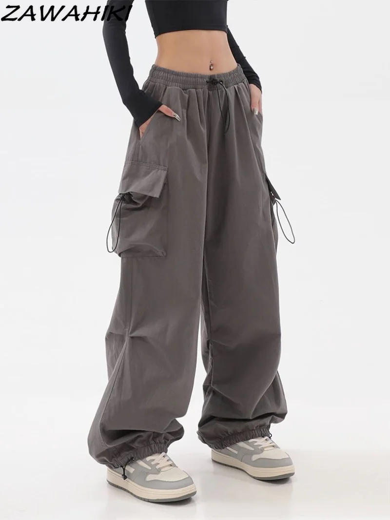 

Y2K Brwon Cargo Jeans Vintage Pocket Wide Leg Pants High Waist Drastring Casual Baggy Fashion Trouser Streetwaer Chic Clothes