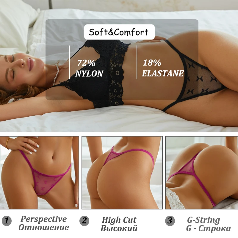 4PCS/Set Sexy Lace Thong Women Low Waist Panties Transparent G String Thongs T-Back Underwear Female  Solid Intimates Lingerie